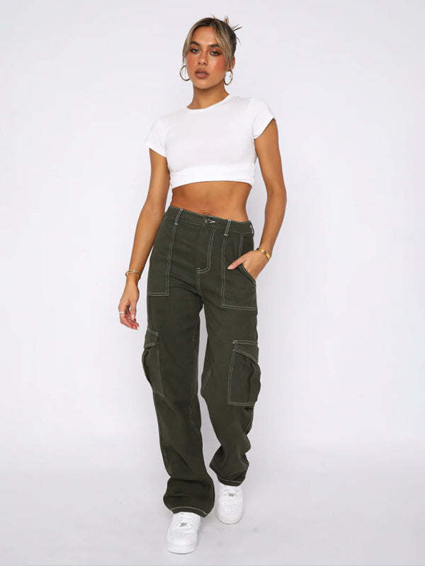 Womens fashionable patchwork straight multi-pocket overalls - Free Shipping - aurelia-clothing-8955