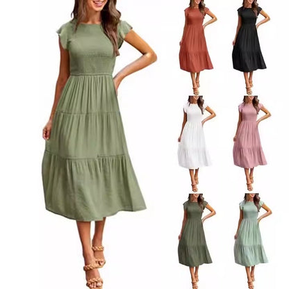 Womens flying sleeve pleated layered short sleeved large hem dress - Free Shipping - aurelia-clothing-8955