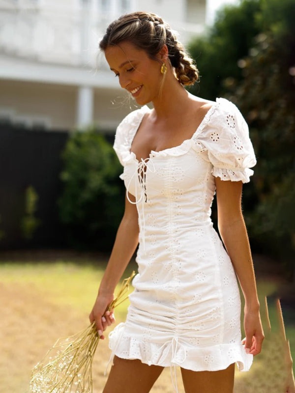 Womens hip-hugging skirt, lace-up, fashionable and sexy pleated V-neck short dress - Free Shipping - aurelia-clothing-8955