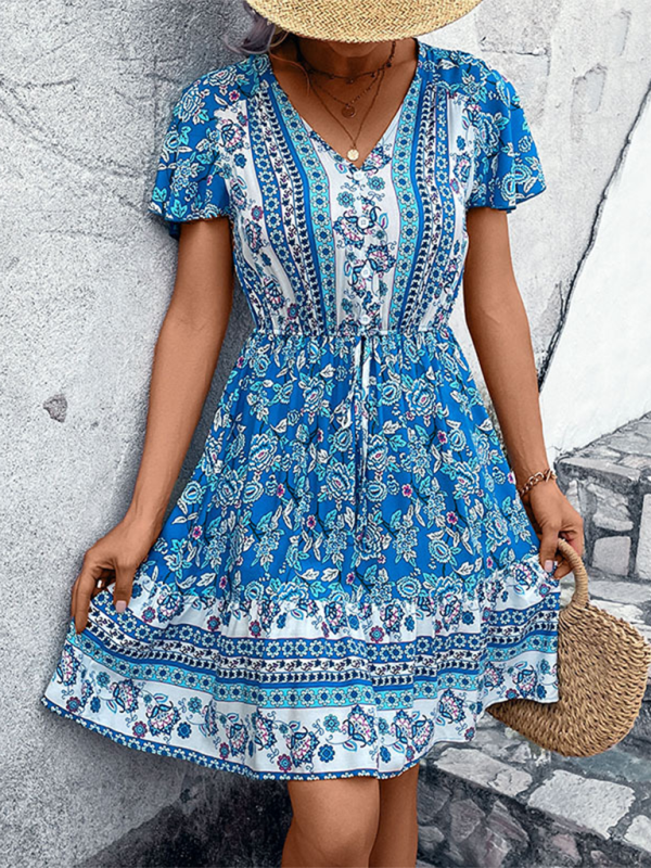 Womens new bohemian v-neck ethnic style floral dress - Free Shipping - aurelia-clothing-8955