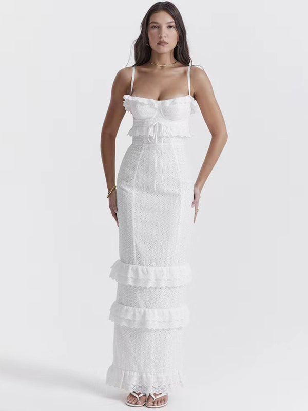 Womens new sexy dress white hook-and-loop suspender long skirt slim French dress - Free Shipping - aurelia-clothing-8955