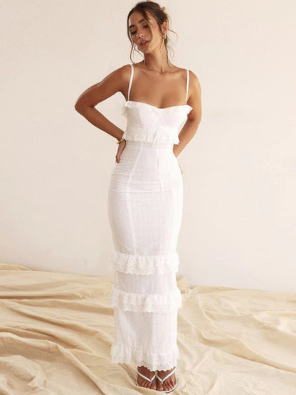 Womens new sexy dress white hook-and-loop suspender long skirt slim French dress - Free Shipping - aurelia-clothing-8955