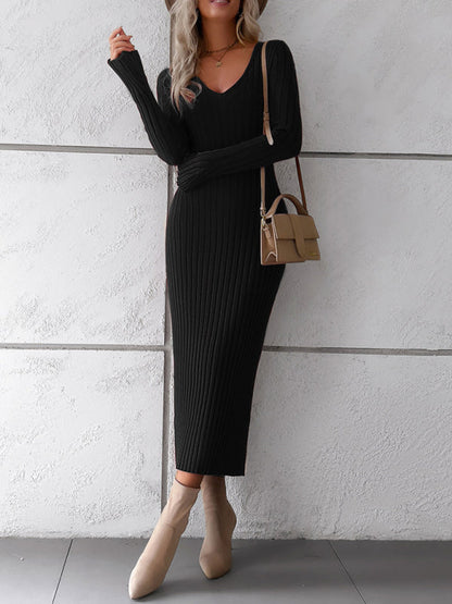 Womens new style elegant solid color v-neck long-sleeved sweater dress - Free Shipping - aurelia-clothing-8955
