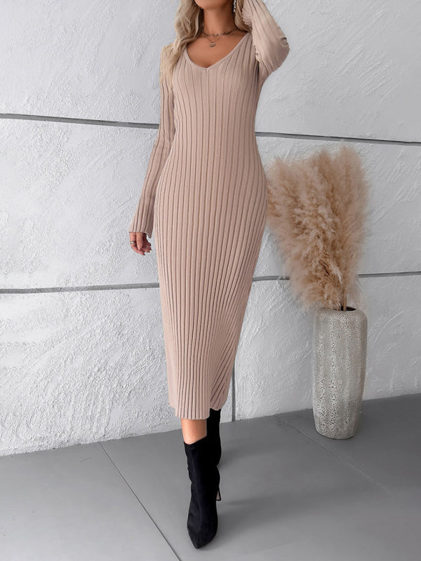 Womens new style elegant solid color v-neck long-sleeved sweater dress - Free Shipping - aurelia-clothing-8955