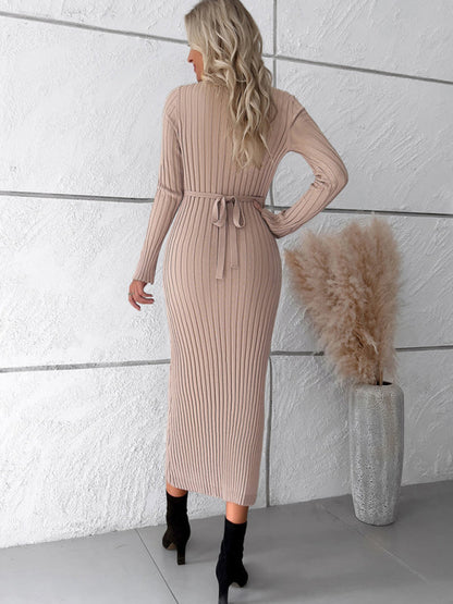 Womens new style elegant solid color v-neck long-sleeved sweater dress - Free Shipping - aurelia-clothing-8955