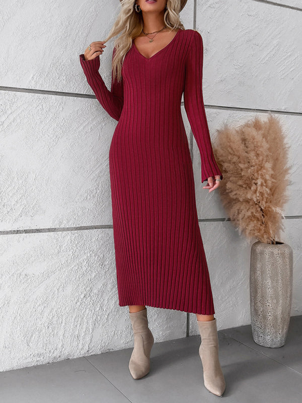 Womens new style elegant solid color v-neck long-sleeved sweater dress - Free Shipping - aurelia-clothing-8955