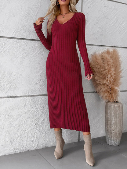 Womens new style elegant solid color v-neck long-sleeved sweater dress - Free Shipping - aurelia-clothing-8955