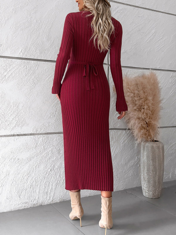 Womens new style elegant solid color v-neck long-sleeved sweater dress - Free Shipping - aurelia-clothing-8955