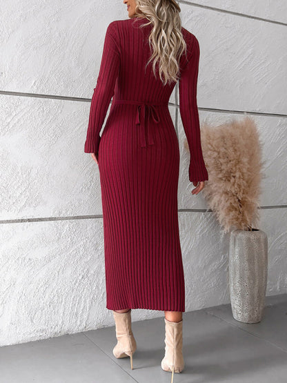 Womens new style elegant solid color v-neck long-sleeved sweater dress - Free Shipping - aurelia-clothing-8955