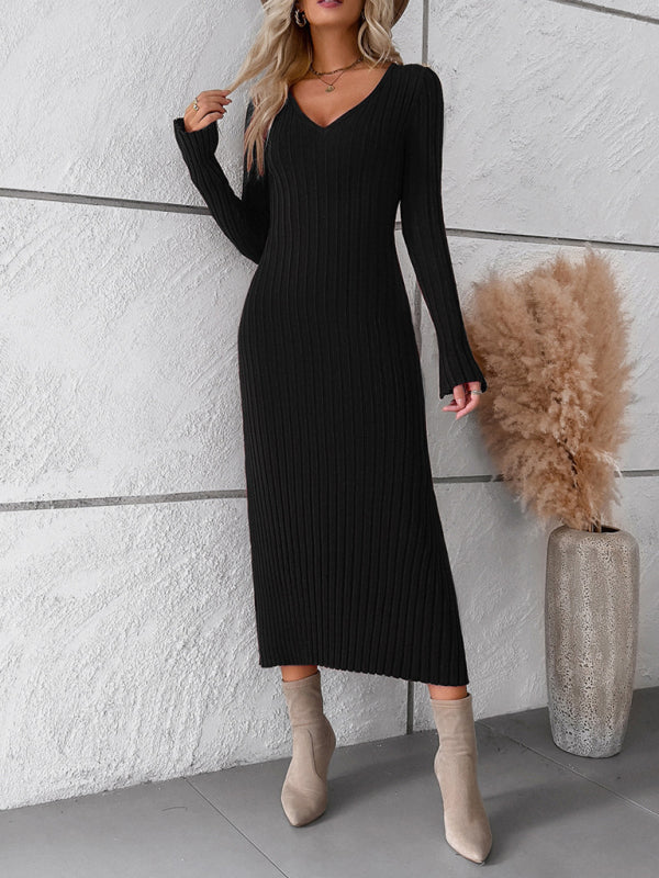 Womens new style elegant solid color v-neck long-sleeved sweater dress - Free Shipping - aurelia-clothing-8955