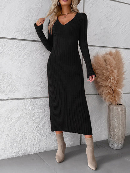 Womens new style elegant solid color v-neck long-sleeved sweater dress - Free Shipping - aurelia-clothing-8955
