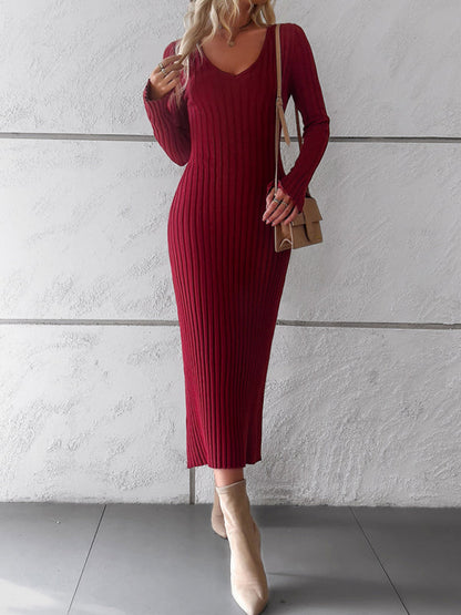 Womens new style elegant solid color v-neck long-sleeved sweater dress - Free Shipping - aurelia-clothing-8955