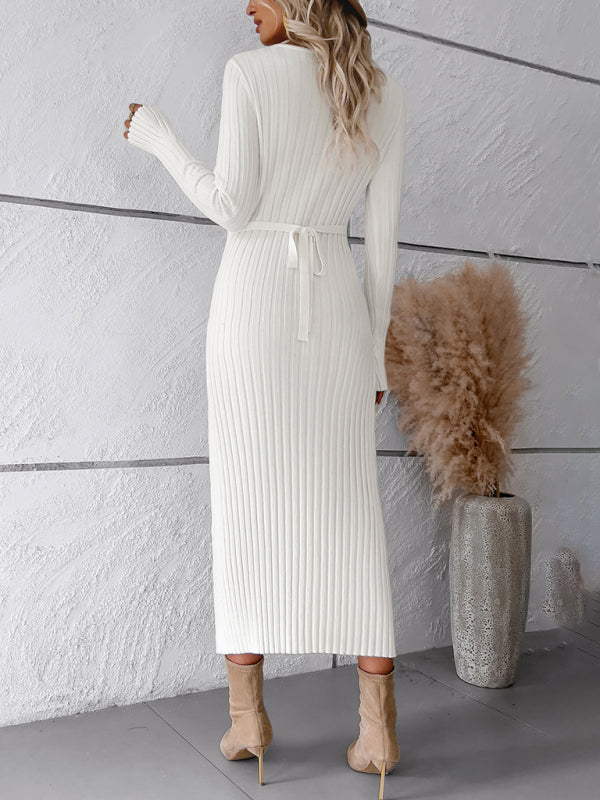 Womens new style elegant solid color v-neck long-sleeved sweater dress - Free Shipping - aurelia-clothing-8955