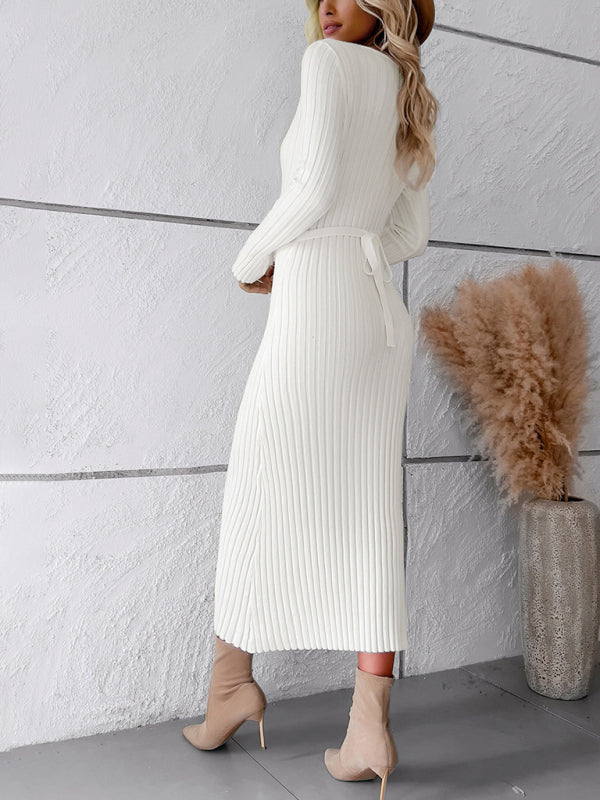 Womens new style elegant solid color v-neck long-sleeved sweater dress - Free Shipping - aurelia-clothing-8955