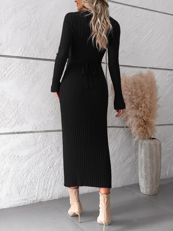 Womens new style elegant solid color v-neck long-sleeved sweater dress - Free Shipping - aurelia-clothing-8955