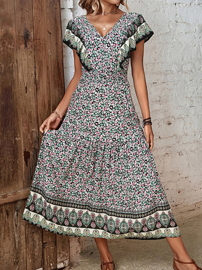 Womens ruffled v-neck temperament printed dress - Free Shipping - aurelia-clothing-8955