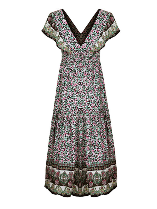 Womens ruffled v-neck temperament printed dress - Free Shipping - aurelia-clothing-8955