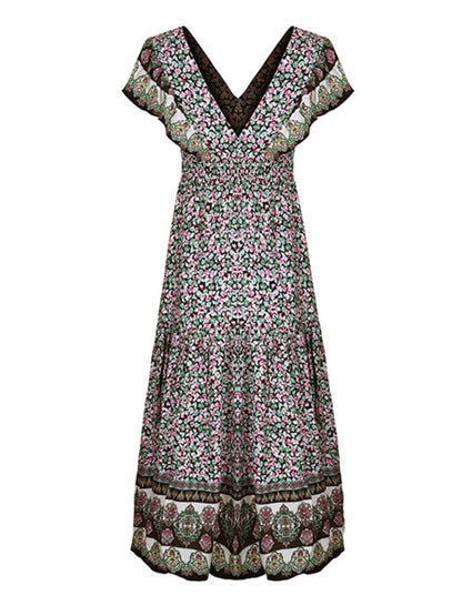 Womens ruffled v-neck temperament printed dress - Free Shipping - aurelia-clothing-8955