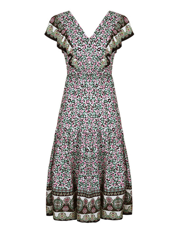 Womens ruffled v-neck temperament printed dress - Free Shipping - aurelia-clothing-8955