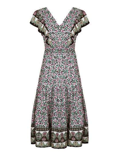 Womens ruffled v-neck temperament printed dress - Free Shipping - aurelia-clothing-8955