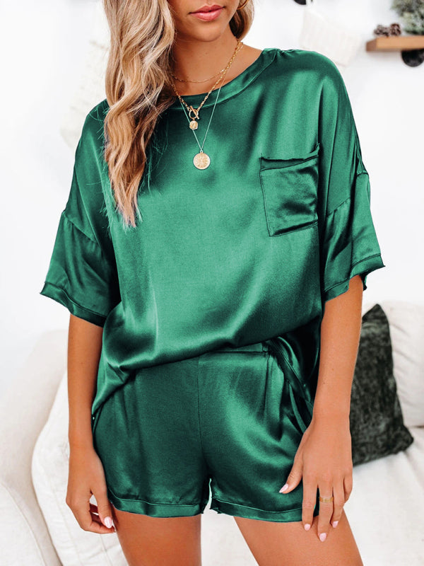 Womens satin pajamas home service short-sleeved shorts irregular two-piece set - Free Shipping - aurelia-clothing-8955