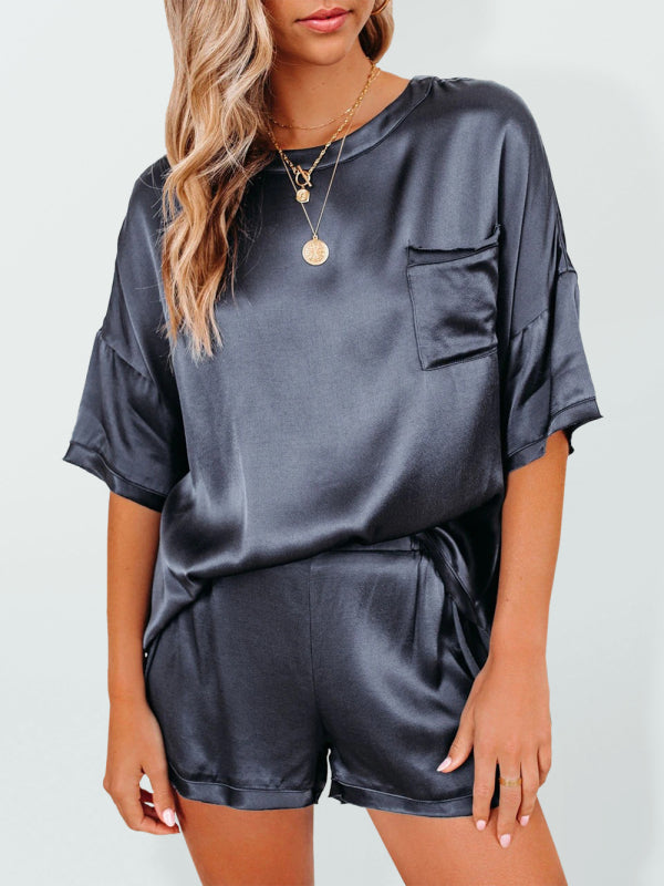 Womens satin pajamas home service short-sleeved shorts irregular two-piece set - Free Shipping - aurelia-clothing-8955