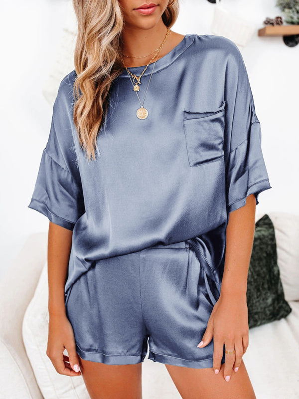 Womens satin pajamas home service short-sleeved shorts irregular two-piece set - Free Shipping - aurelia-clothing-8955