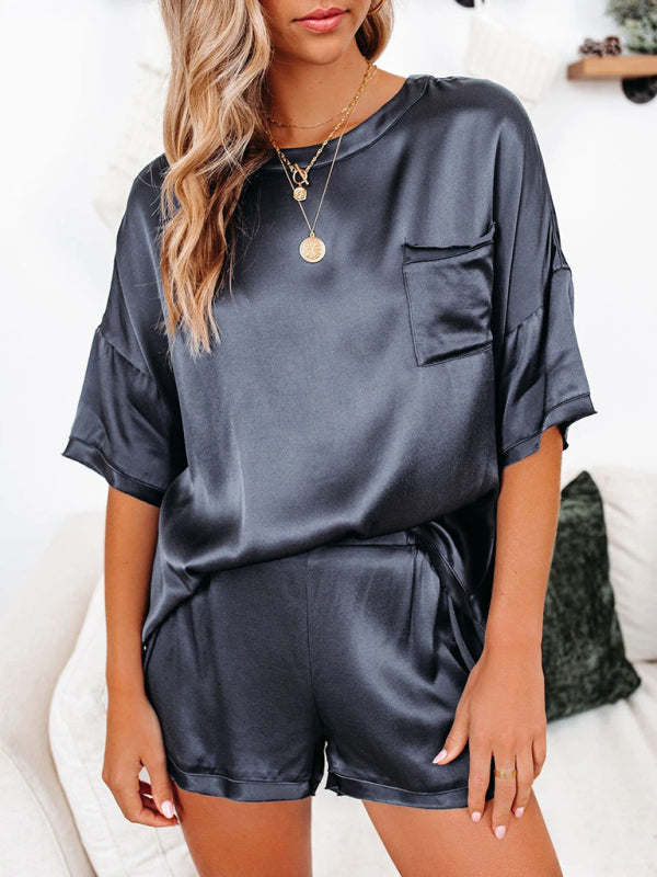 Womens satin pajamas home service short-sleeved shorts irregular two-piece set - Free Shipping - aurelia-clothing-8955