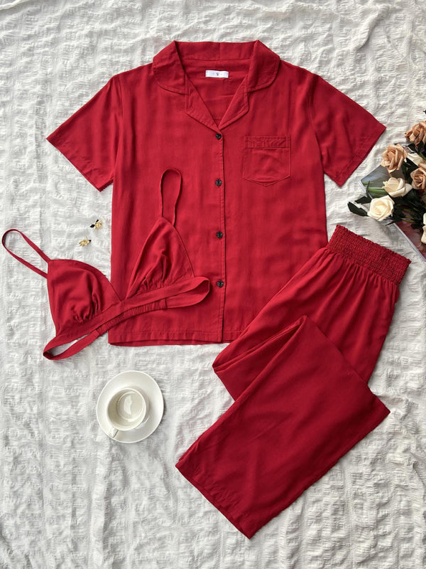 Womens solid color knitted casual pajamas three-piece set - Free Shipping - aurelia-clothing-8955