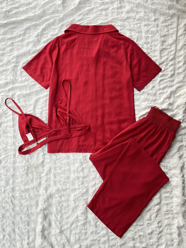 Womens solid color knitted casual pajamas three-piece set - Free Shipping - aurelia-clothing-8955