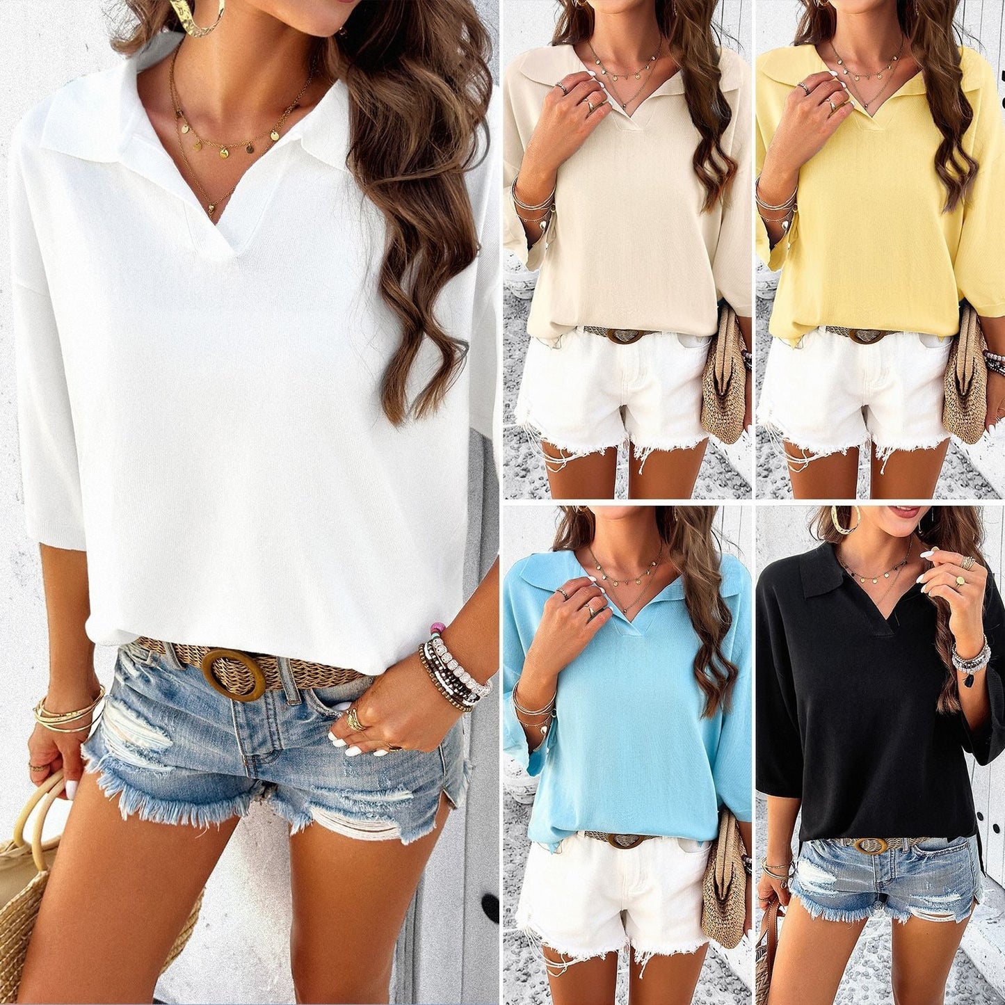 Womens spring and summer temperament solid color lapel loose sweater - Free Shipping - aurelia-clothing-8955