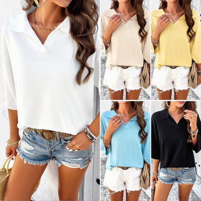 Womens spring and summer temperament solid color lapel loose sweater - Free Shipping - aurelia-clothing-8955