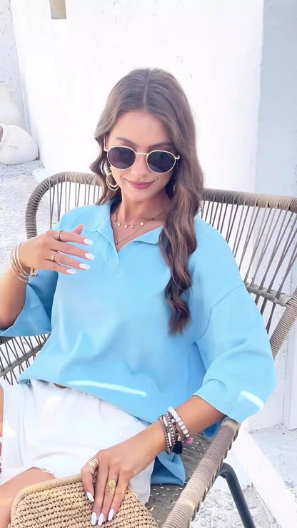 Womens spring and summer temperament solid color lapel loose sweater - Free Shipping - aurelia-clothing-8955