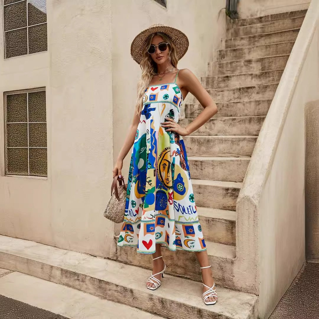 Womens suspender graffiti print sleeveless large hem dress-Free Shipping - aurelia-clothing-8955