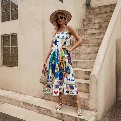Womens suspender graffiti print sleeveless large hem dress-Free Shipping - aurelia-clothing-8955