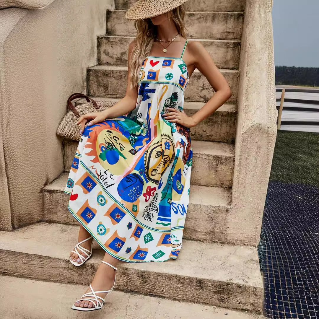 Womens suspender graffiti print sleeveless large hem dress-Free Shipping - aurelia-clothing-8955