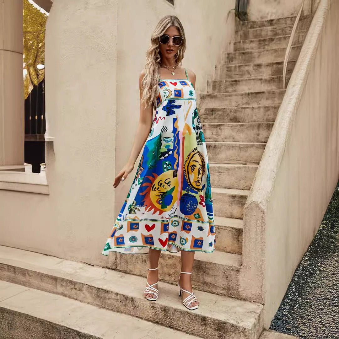 Womens suspender graffiti print sleeveless large hem dress-Free Shipping - aurelia-clothing-8955