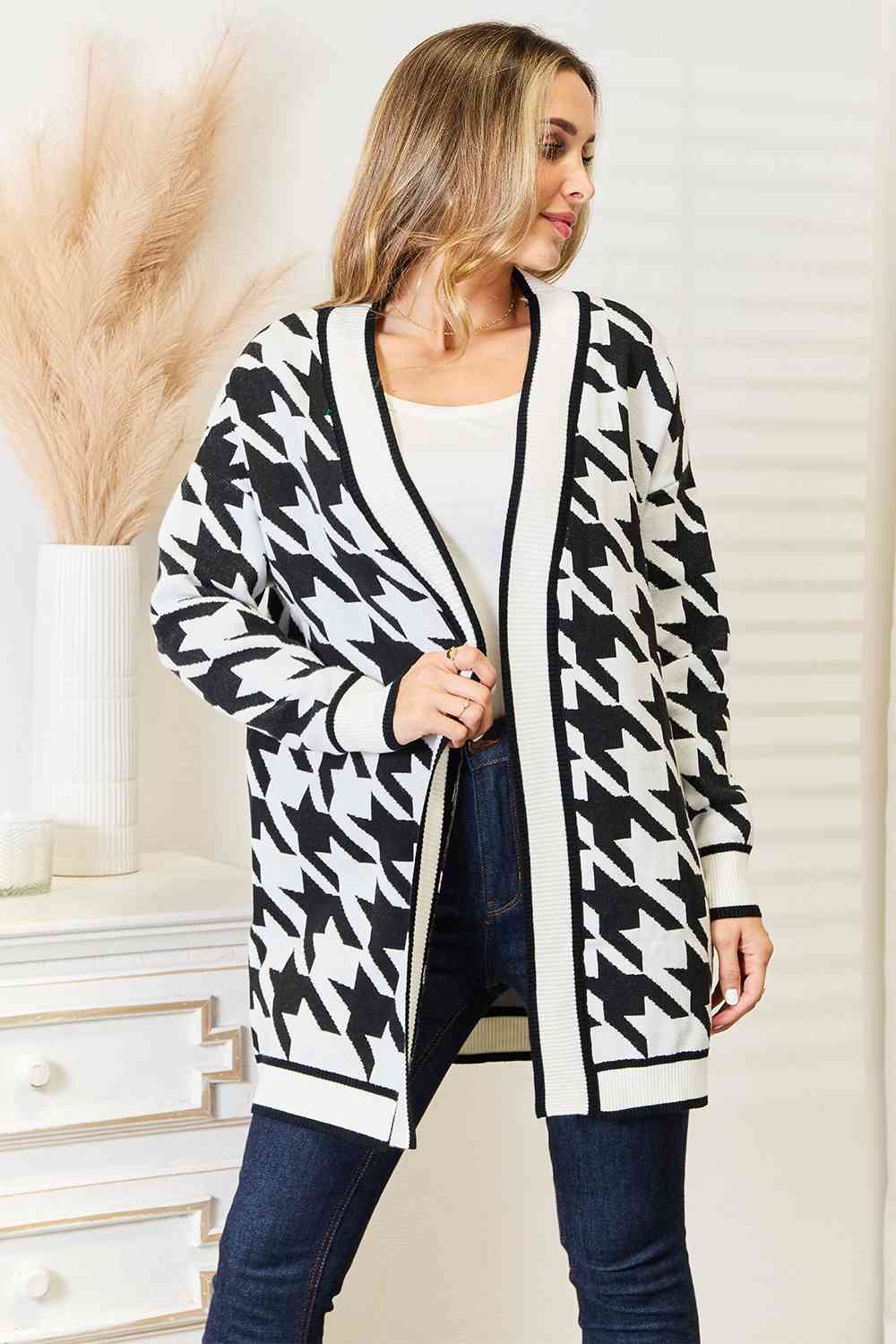 Woven Right Houndstooth Open Front Longline Cardigan - aurelia-clothing-8955
