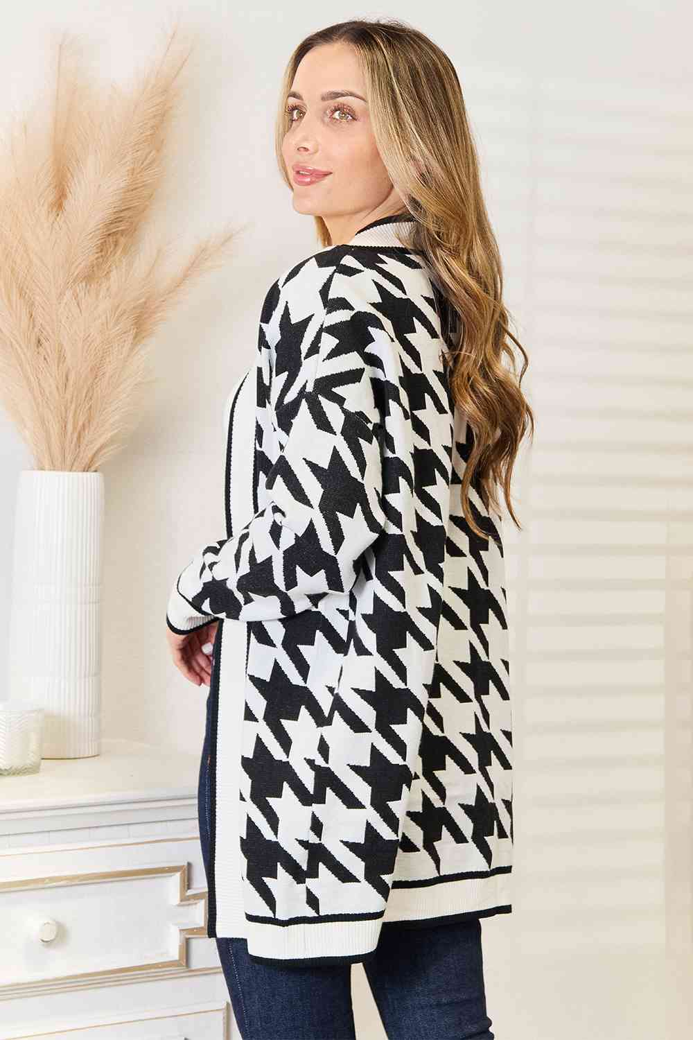 Woven Right Houndstooth Open Front Longline Cardigan - aurelia-clothing-8955