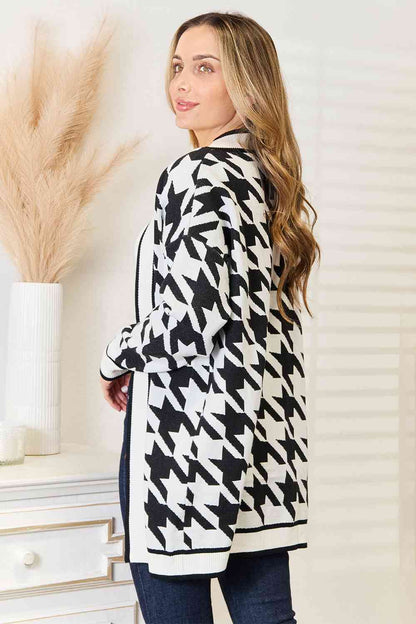 Woven Right Houndstooth Open Front Longline Cardigan - aurelia-clothing-8955
