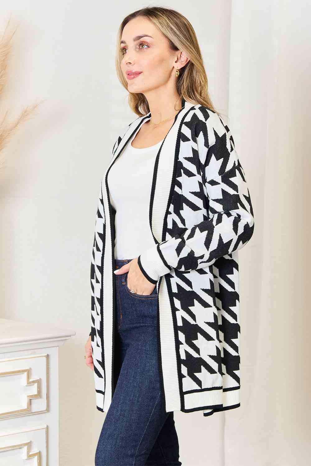 Woven Right Houndstooth Open Front Longline Cardigan - aurelia-clothing-8955