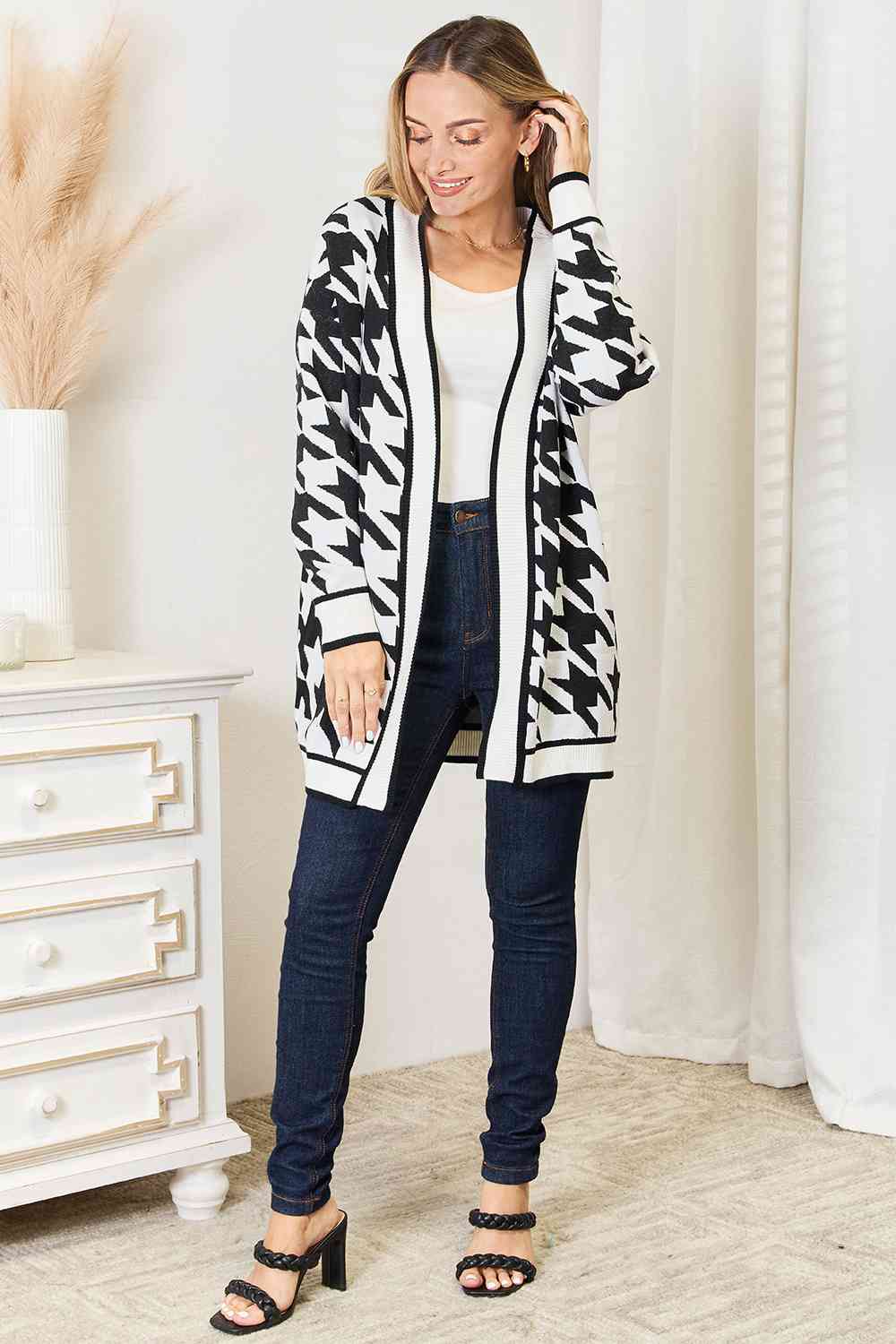 Woven Right Houndstooth Open Front Longline Cardigan - aurelia-clothing-8955