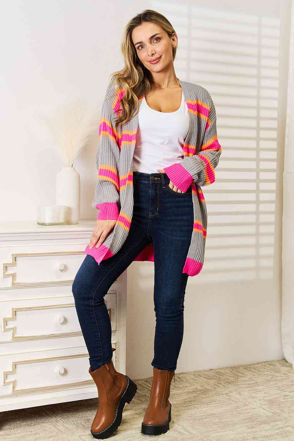 Woven Right Ribbed Long Sleeve Cardigan - aurelia-clothing-8955