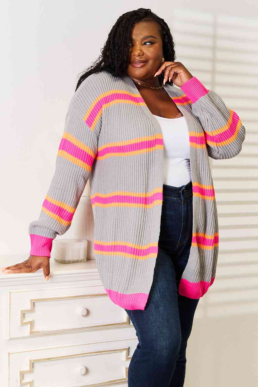 Woven Right Ribbed Long Sleeve Cardigan - aurelia-clothing-8955