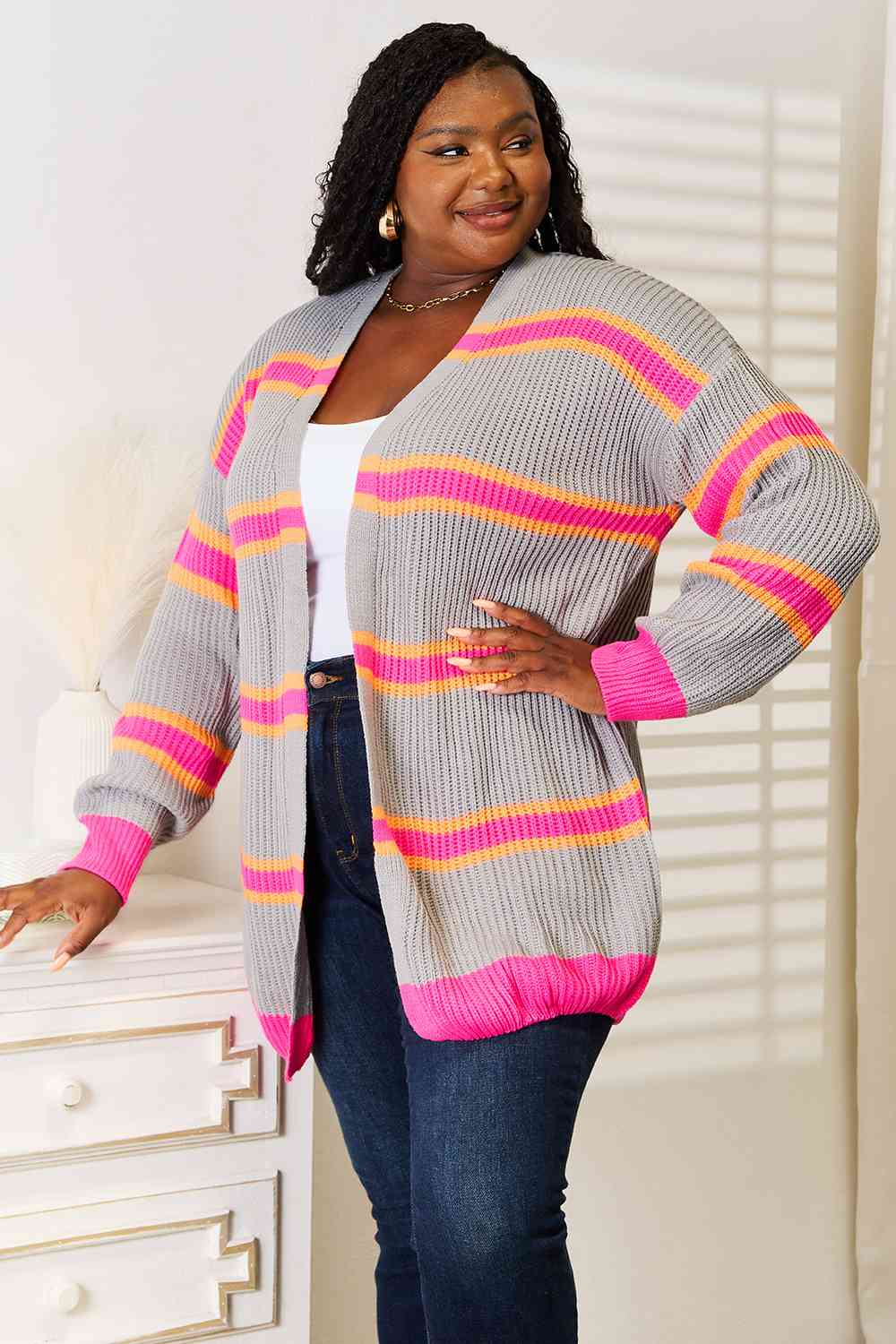 Woven Right Ribbed Long Sleeve Cardigan - aurelia-clothing-8955