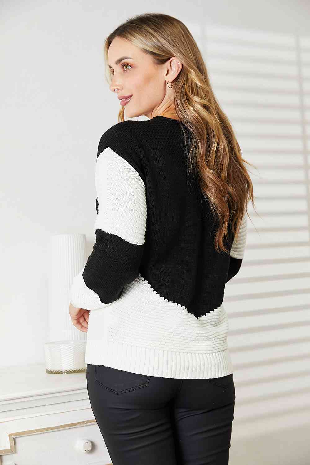 Woven Right Two-Tone Openwork Rib-Knit Sweater - Free Shipping - aurelia-clothing-8955