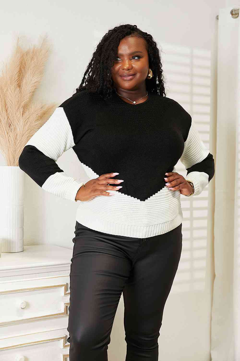 Woven Right Two-Tone Openwork Rib-Knit Sweater - Free Shipping - aurelia-clothing-8955