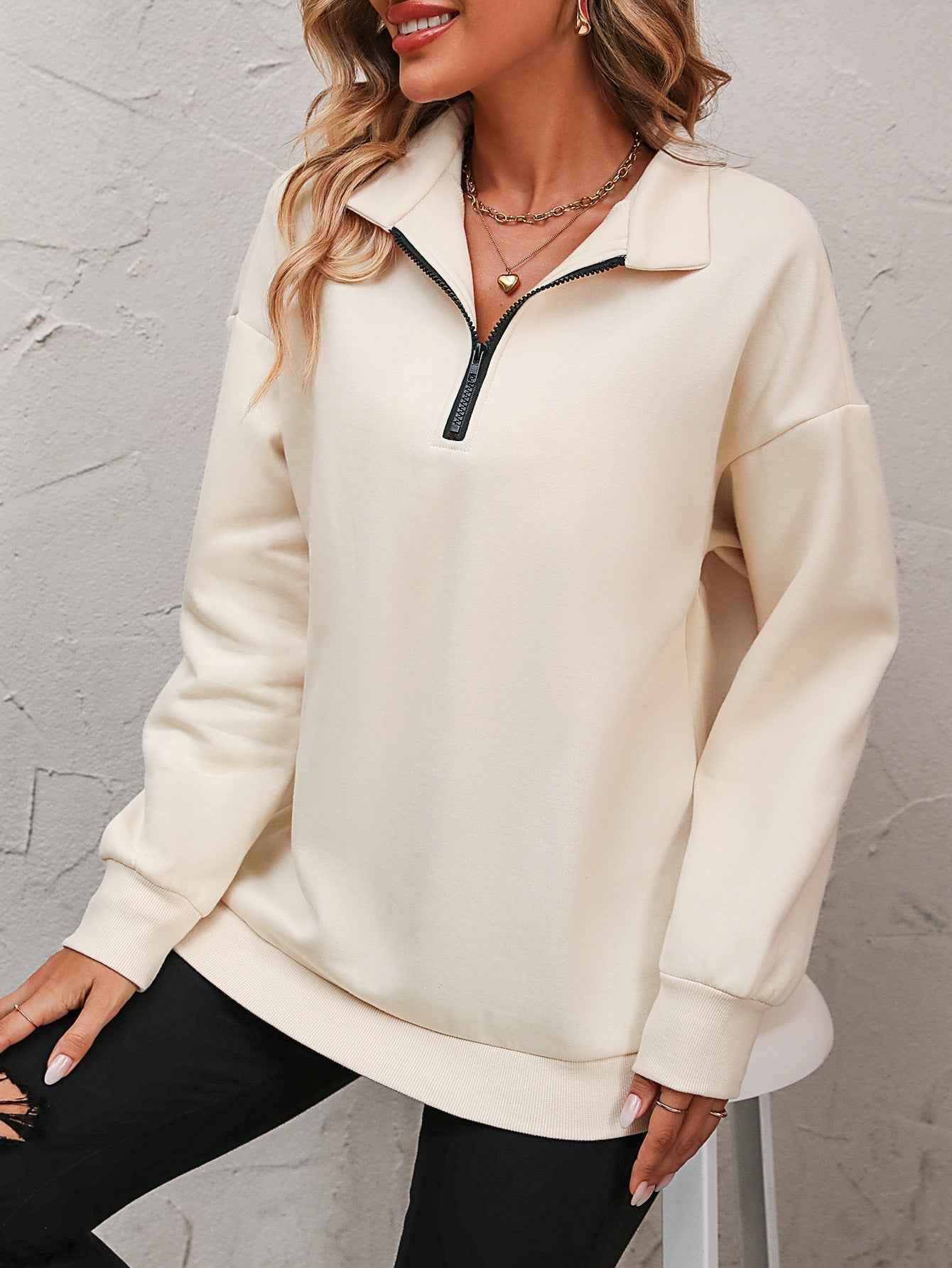 Zip-Up Dropped Shoulder Sweatshirt - aurelia-clothing-8955