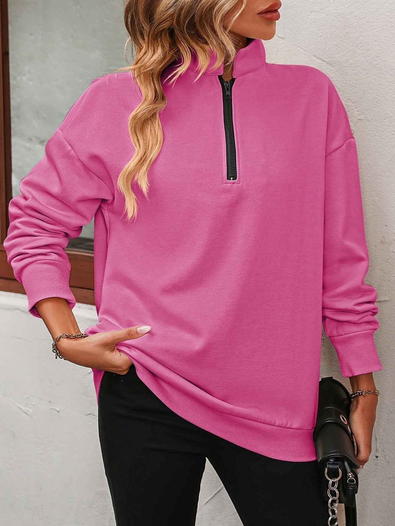 Zip-Up Dropped Shoulder Sweatshirt - aurelia-clothing-8955