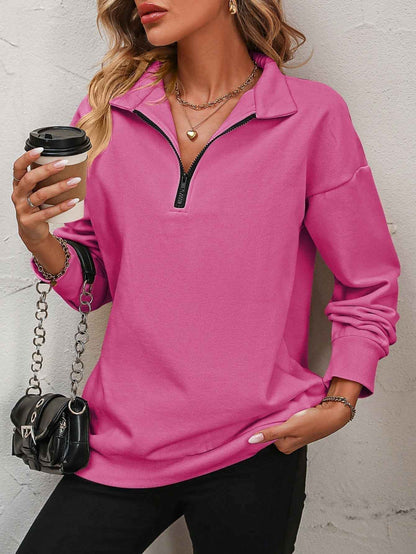 Zip-Up Dropped Shoulder Sweatshirt - aurelia-clothing-8955